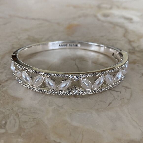 Anne Klein Silver Tone & Pearls Hinged Cuff Bracelet - Picture 2 of 9